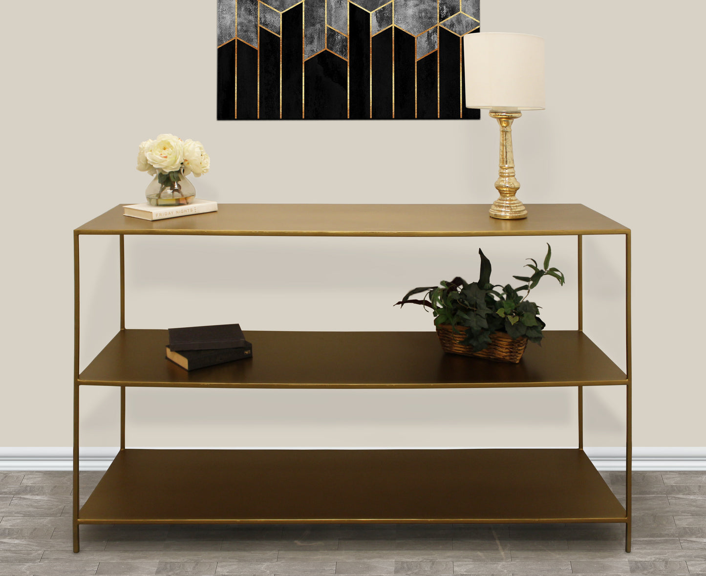 60" Brass Iron Floor Shelf Console Table With Storage