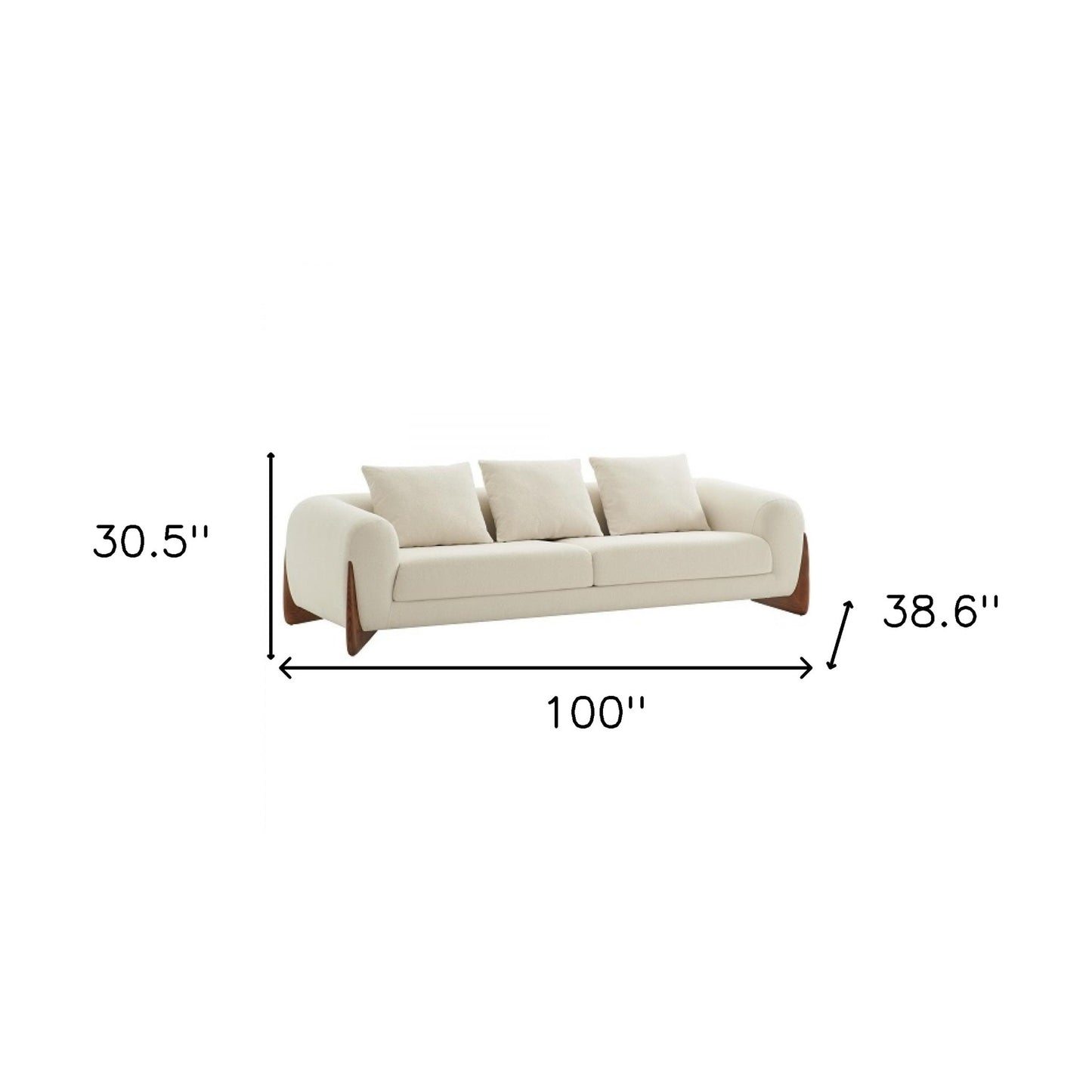 100" Cream Long Fabric and Walnut Wood Sofa