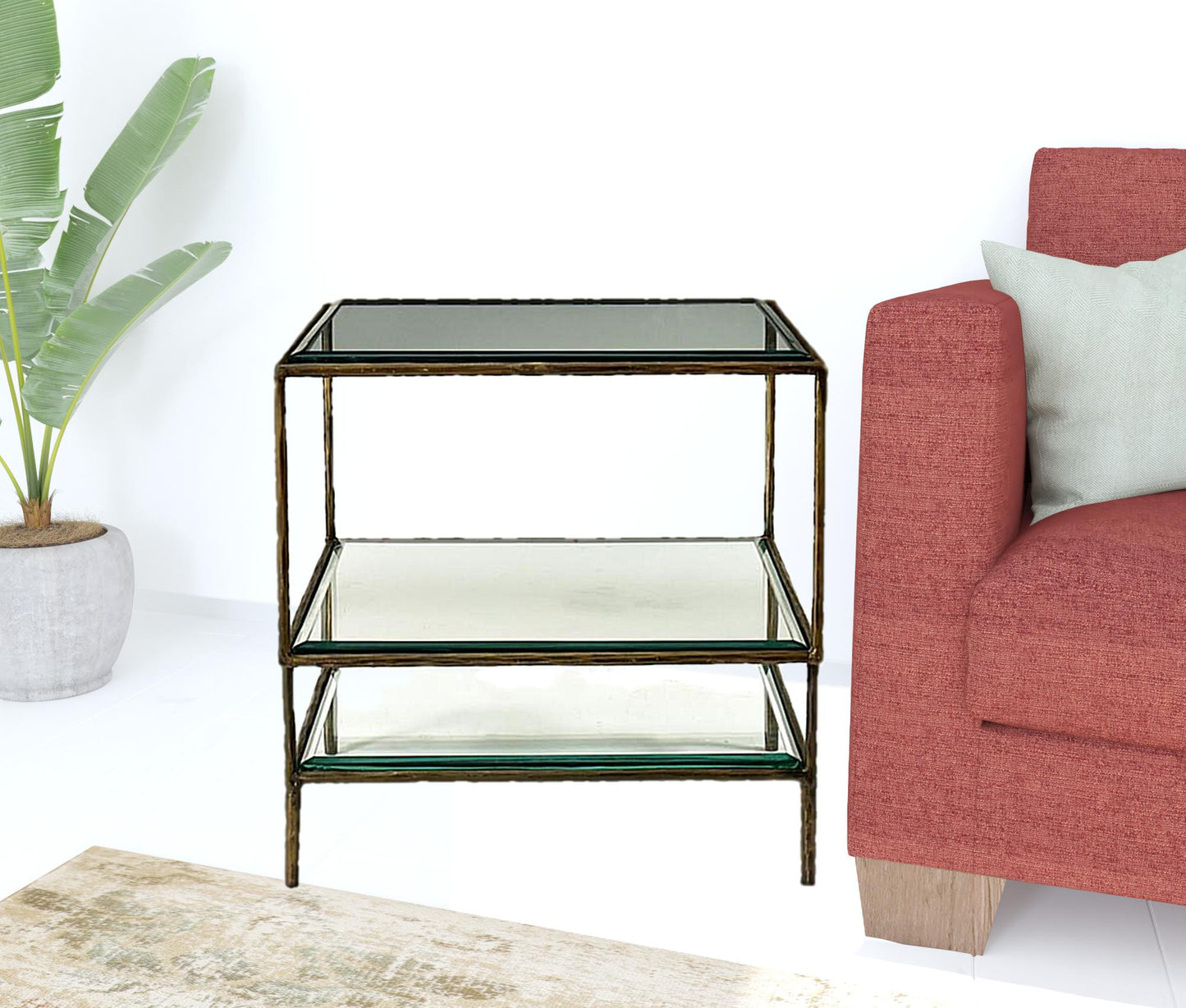 20" Bronze And Clear Glass And Iron Square End Table With Two Shelves