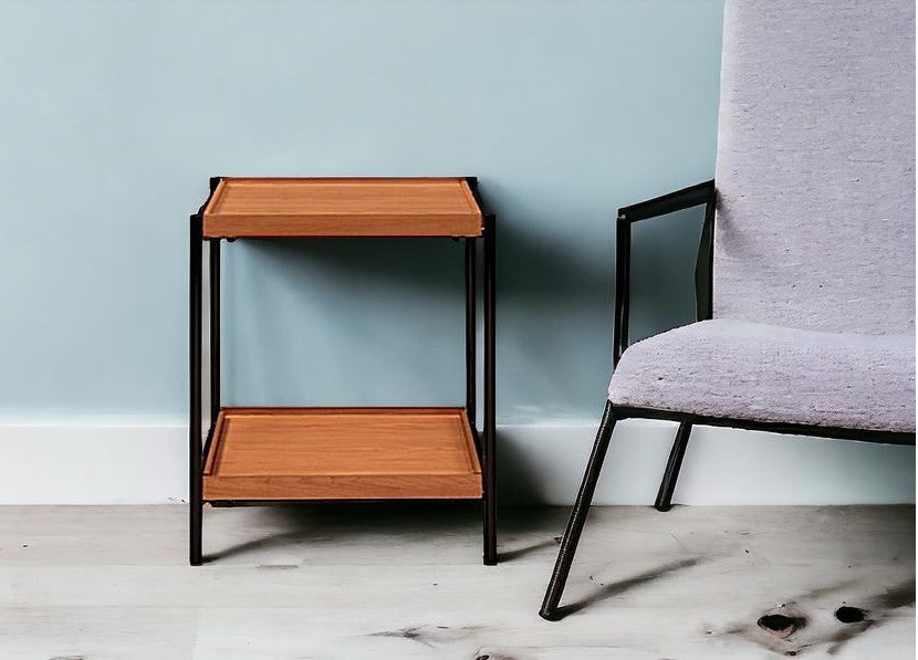 24" Black And Honey Oak Wood And Metal Square End Table With Shelf