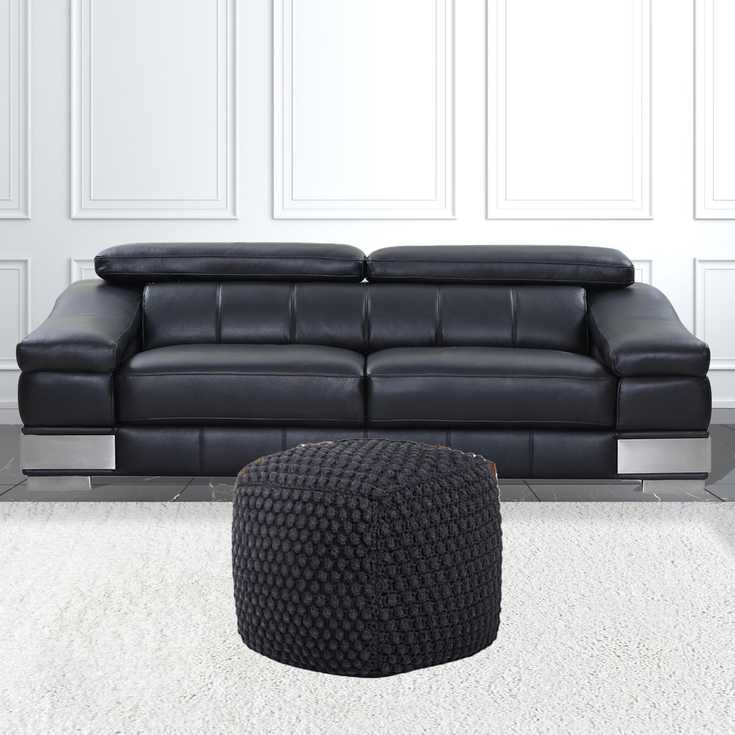 18" Black Cotton Blend Pouf Ottoman