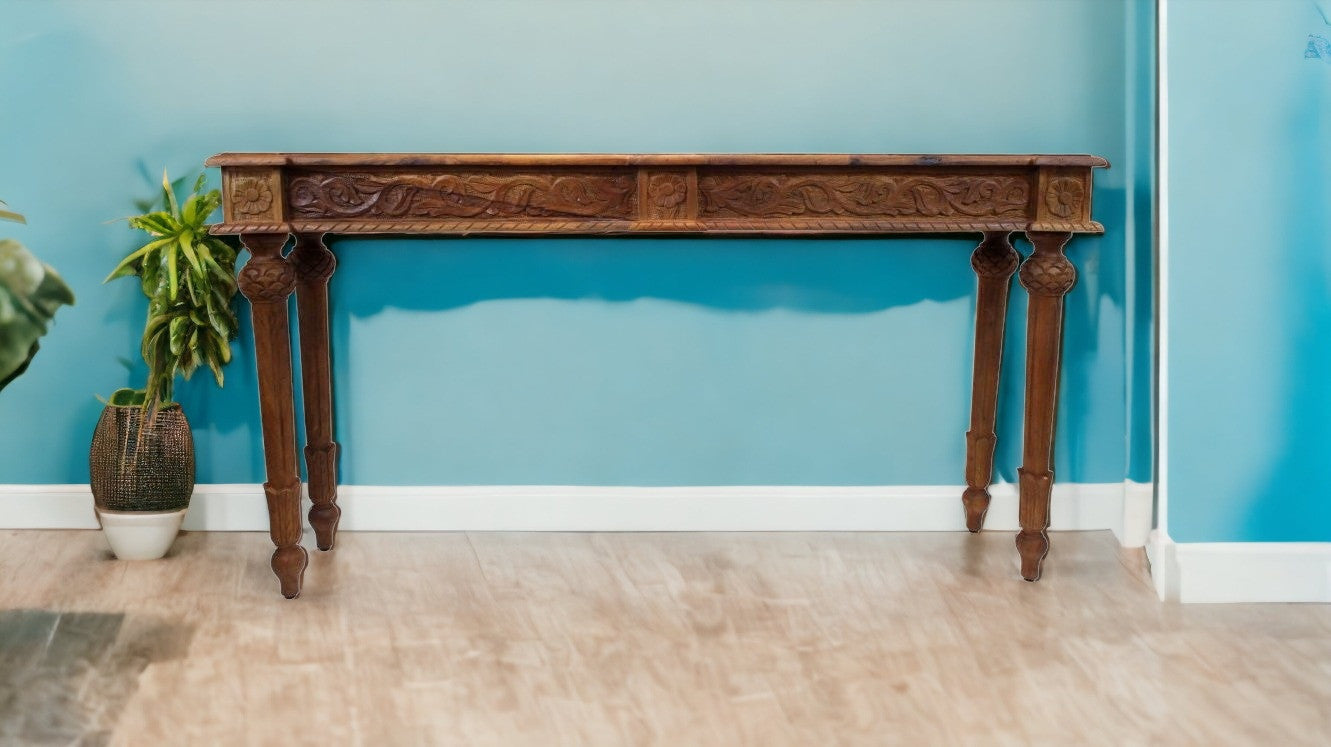 54" Brown Solid Wood Distressed Console Table