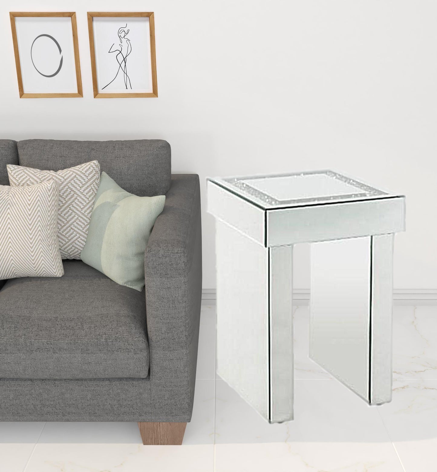 24" Silver Glass And Manufactured Wood Square Mirrored End Table