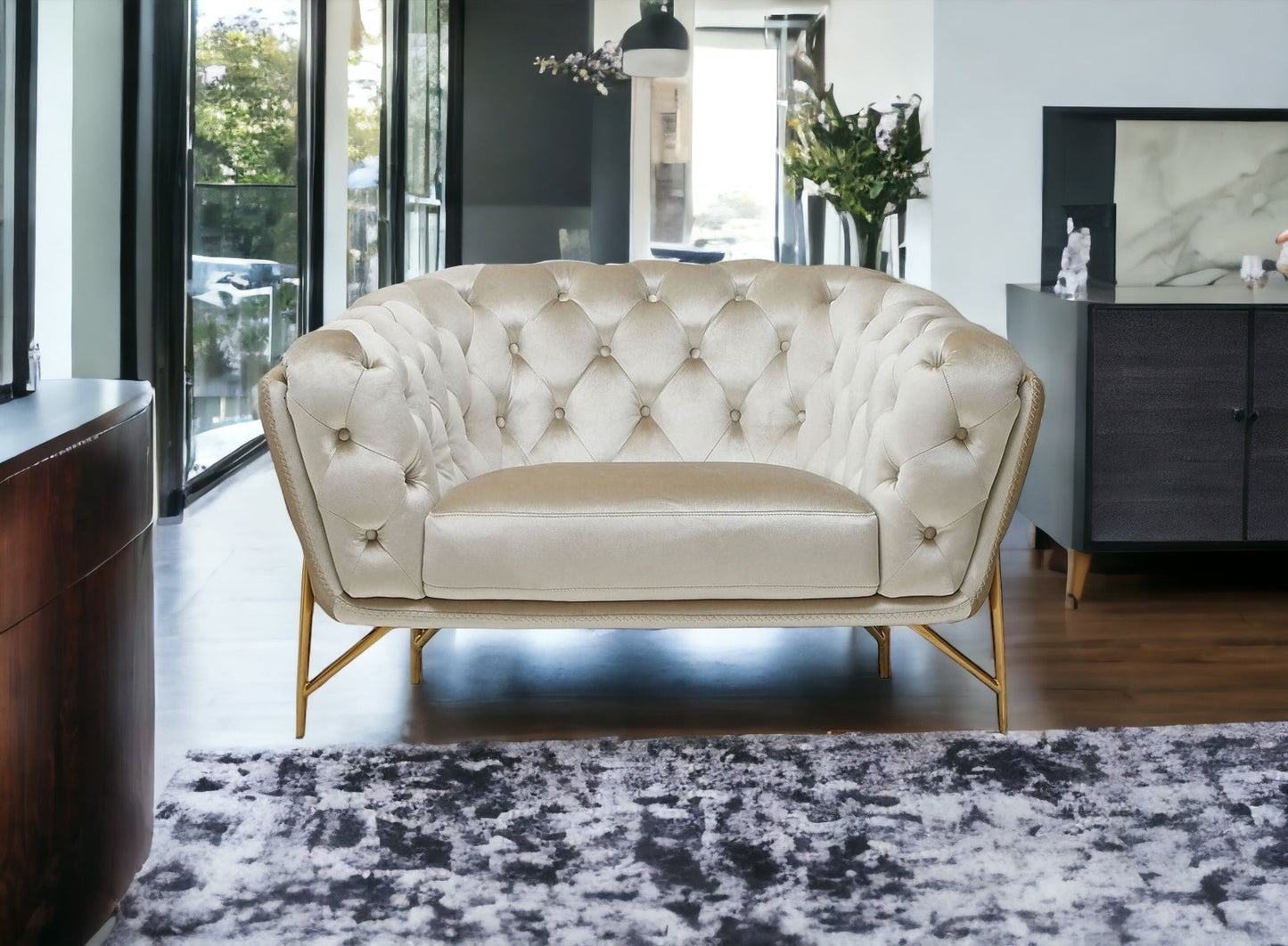 49" Beige And Gold Velvet Tufted Chesterfield Chair