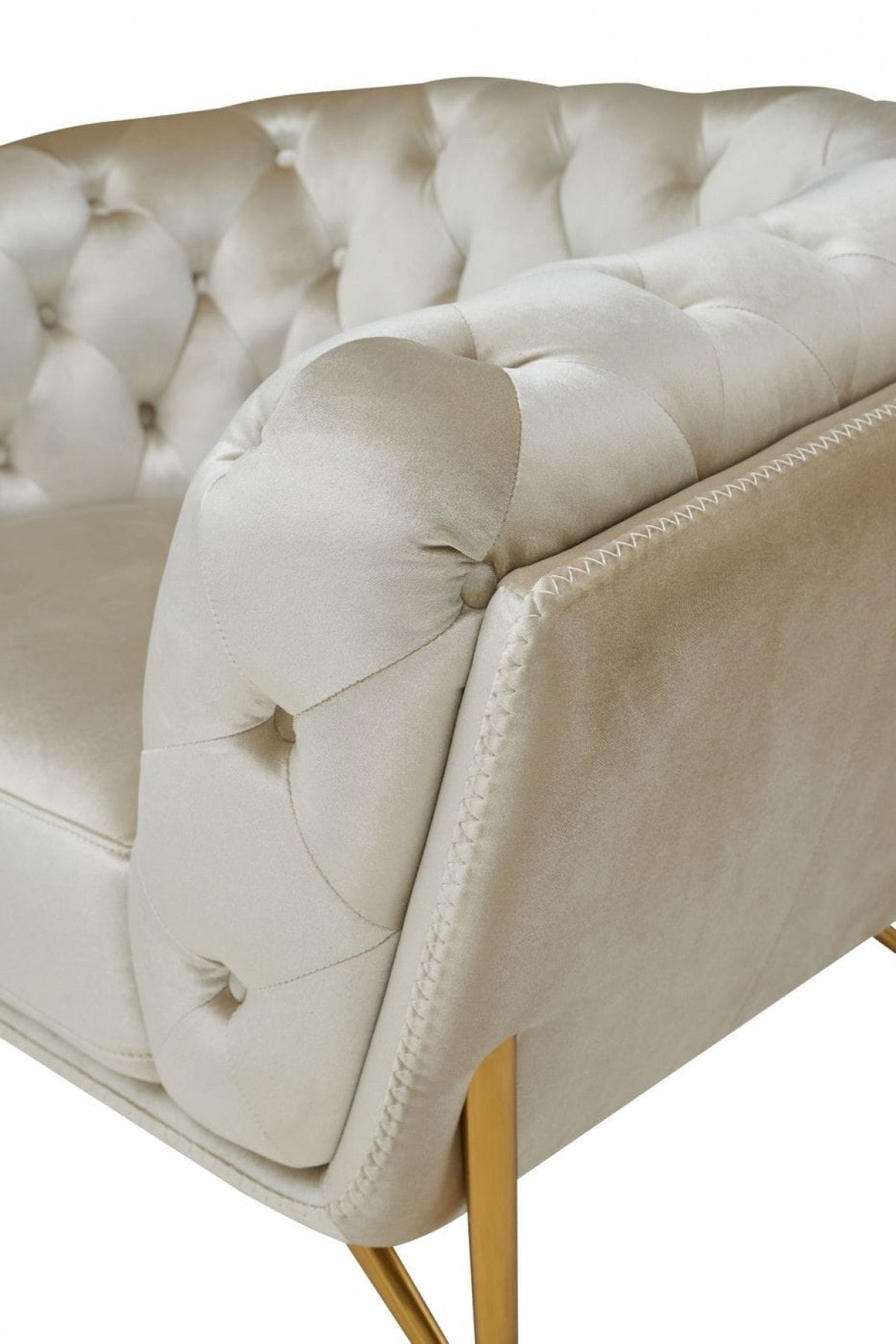 49" Beige And Gold Velvet Tufted Chesterfield Chair