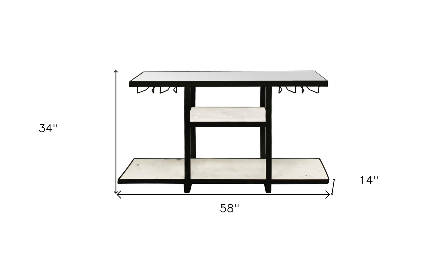 58" White and Black Glass Floor Shelf Console Table With Storage