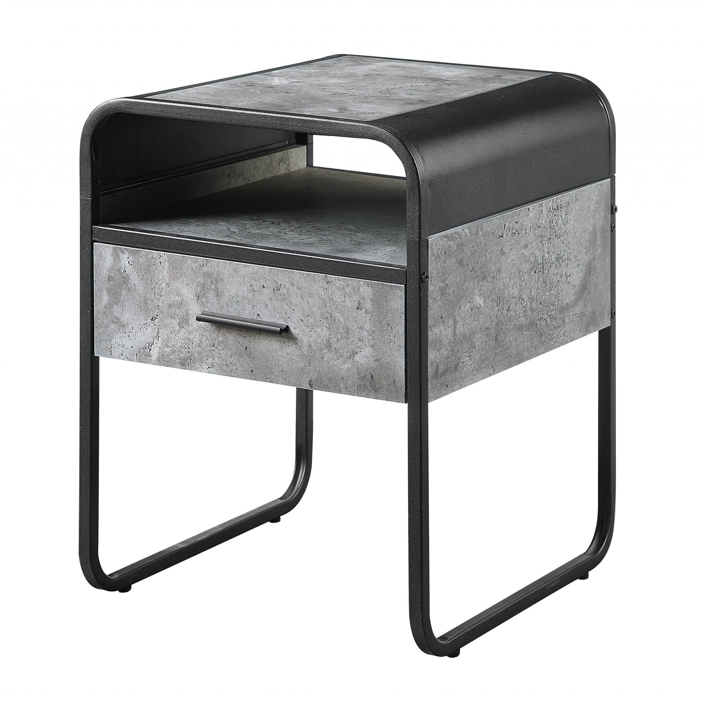 22" Black And Concrete Gray Manufactured Wood And Metal Square End Table With Drawer And Shelf