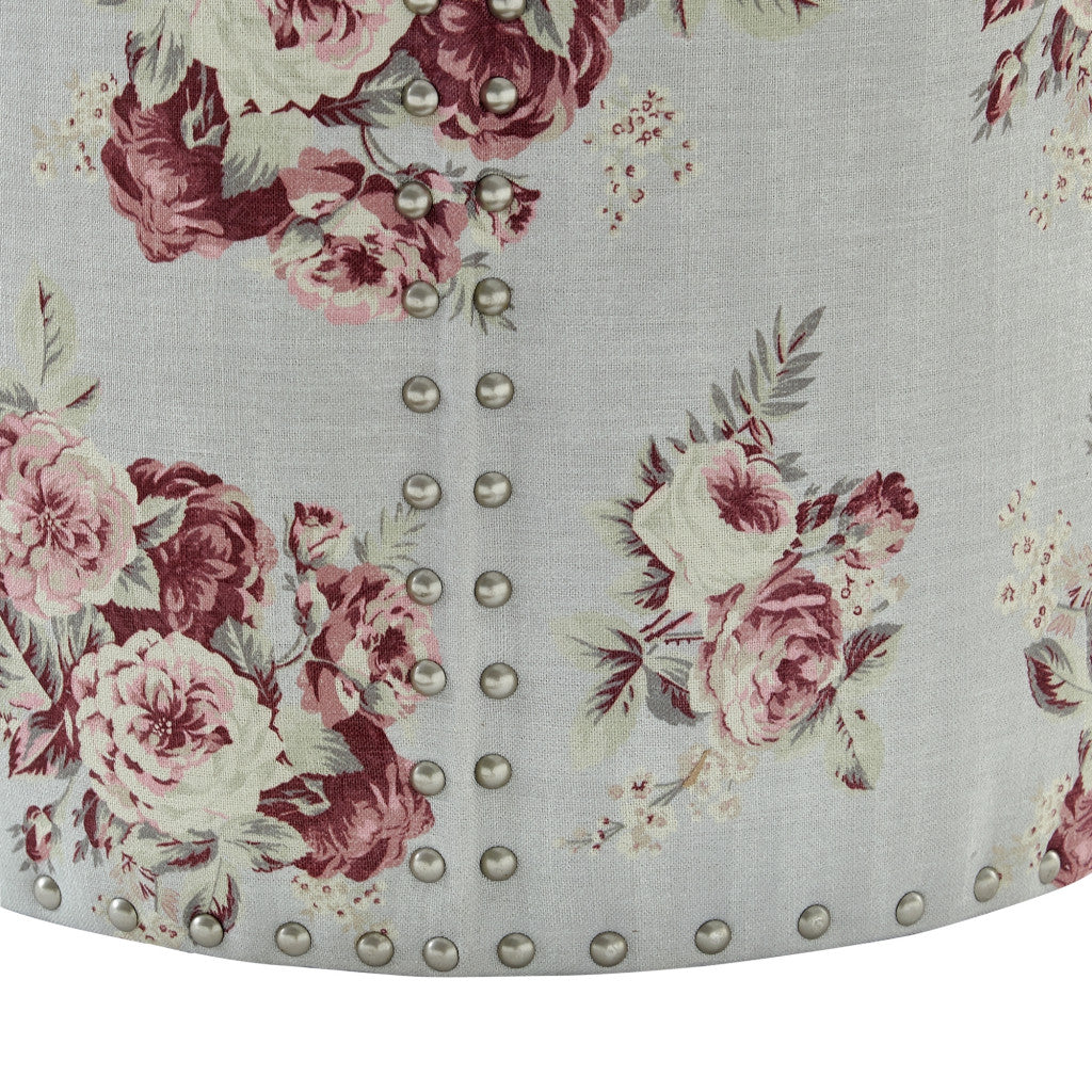 18" Pink Linen Round Floral Ottoman