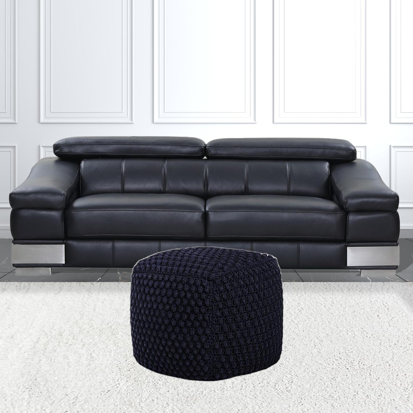 18" Navy Blue Cotton Blend Pouf Ottoman