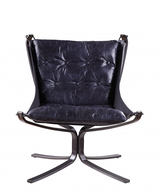 30" Vintage Blue Top Grain Leather And Steel Solid Color Lounge Chair