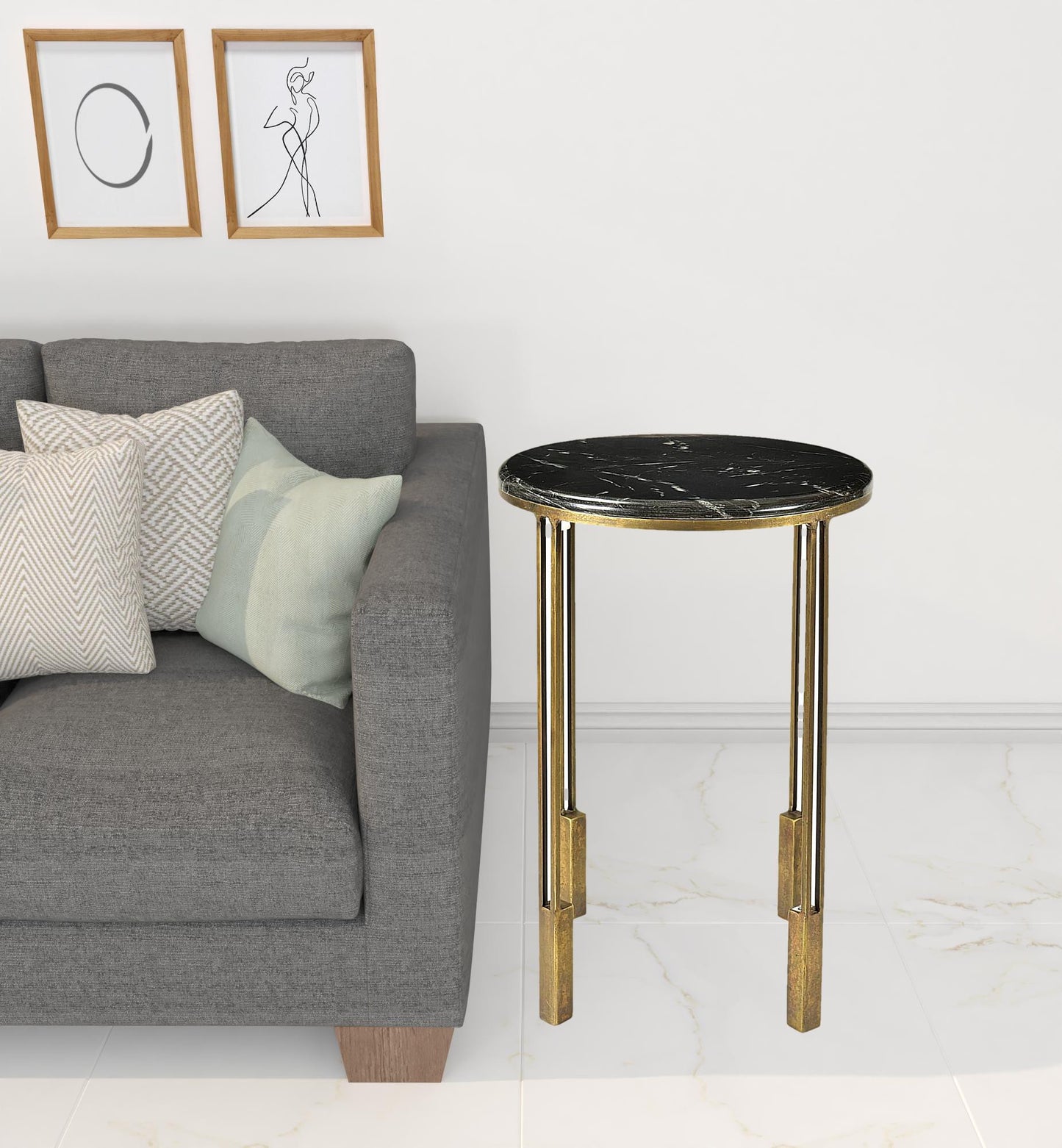 23" Gold And Black Marble And Iron Round End Table