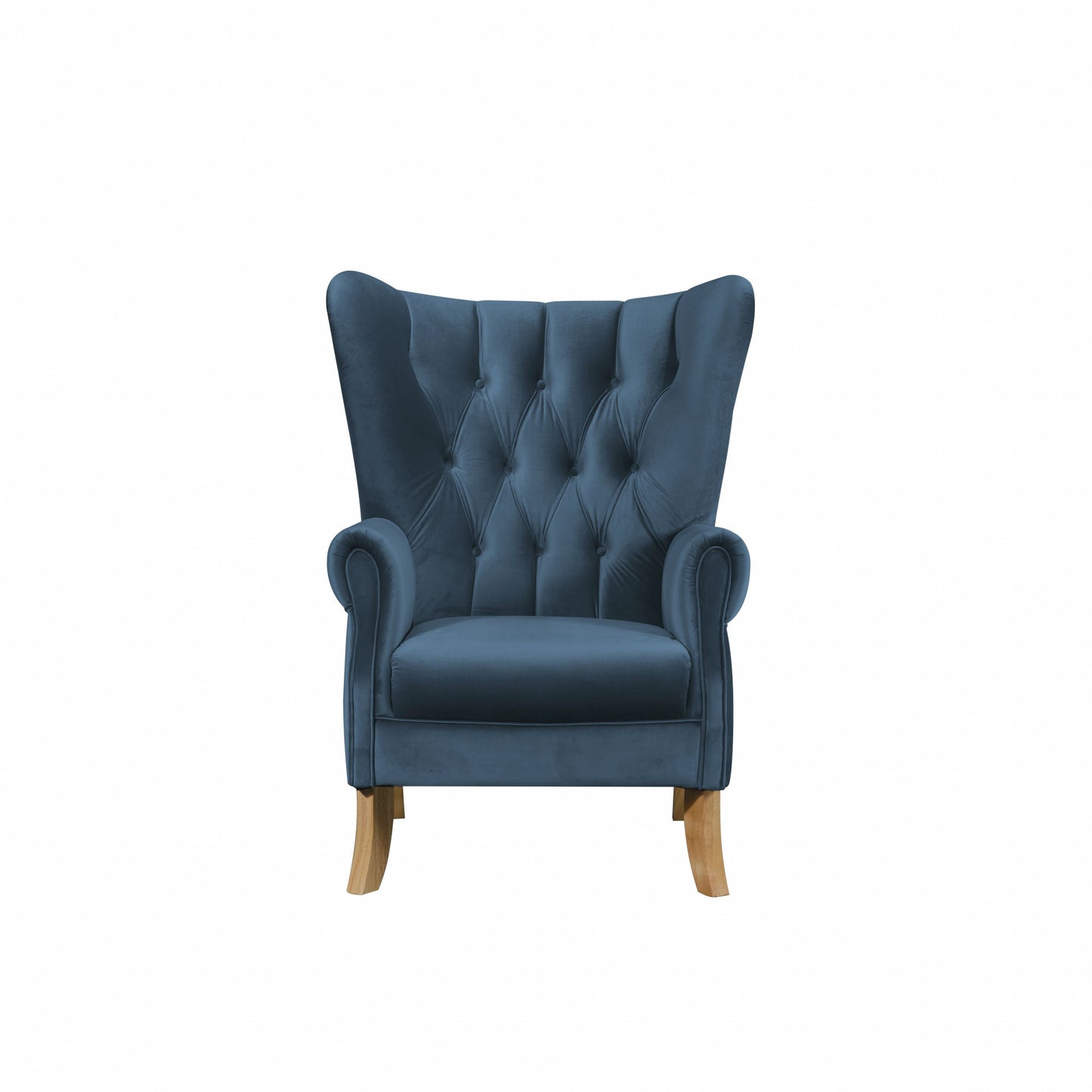 34" Azure Blue Velvet And Brown Solid Color Wingback Chair