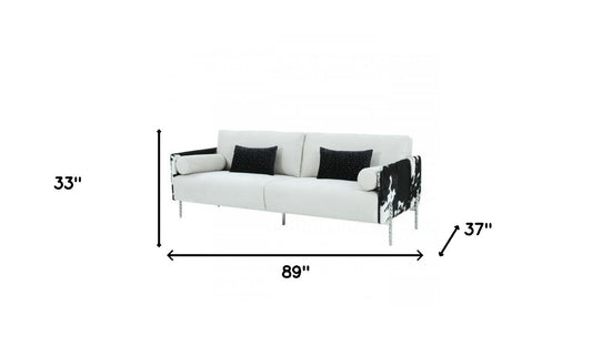 89" White Faux Cowhide and Silver Sofa