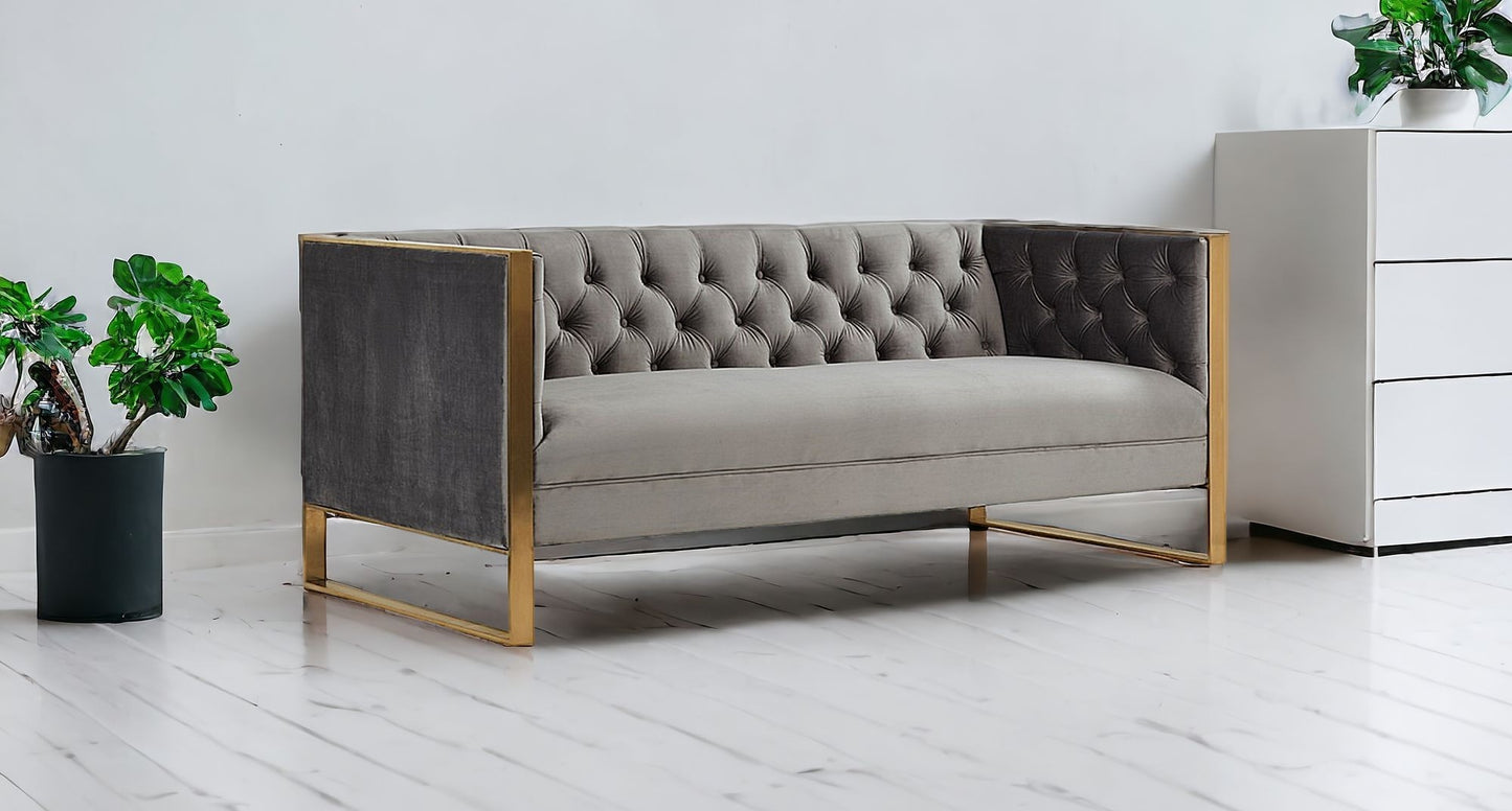 75" Grey and Gold Tufted Velvet Chesterfield Style Sofa