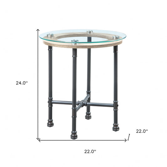 24" Sandy Gray And Clear Glass And Metal Round End Table