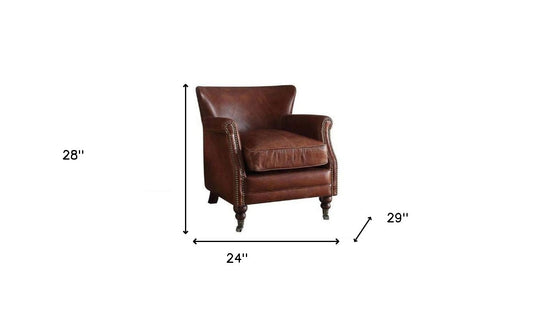 24" Vintage Dark Brown Top Grain Leather And Brown Solid Color Wingback Chair