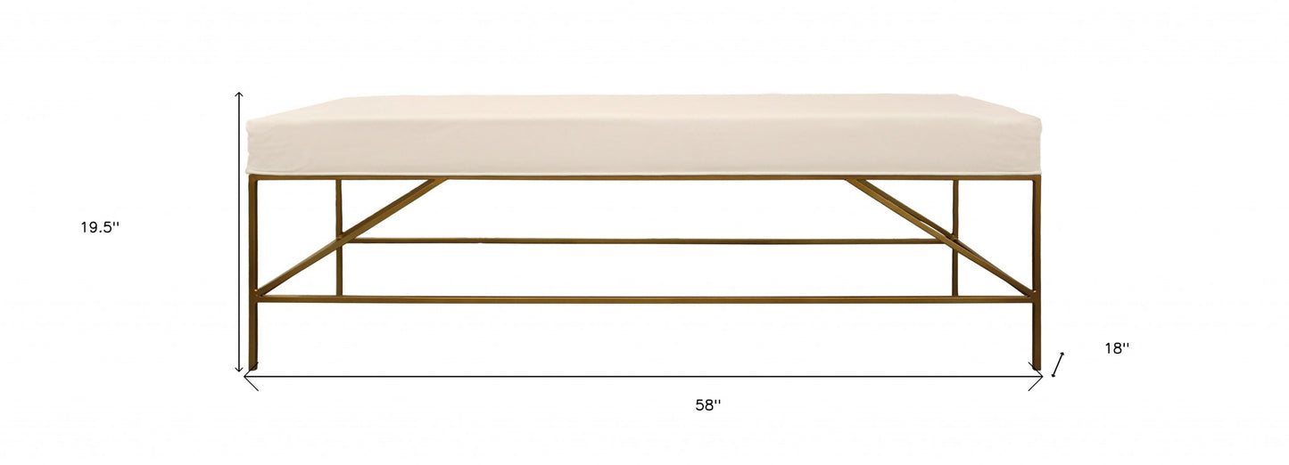 58" Ivory And Gold 100% Linen Upholstered Entryway Bench