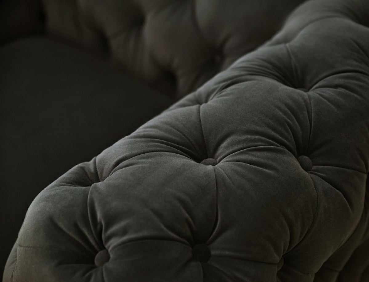 74" Dark Grey And Gold Velour Chesterfield Loveseat