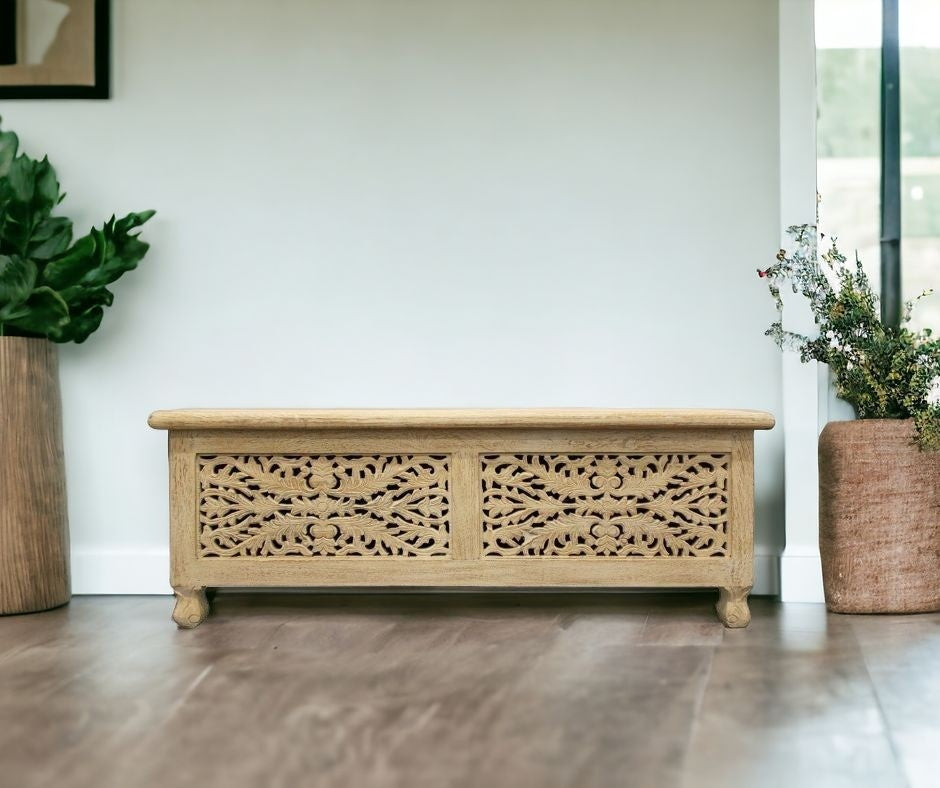 46" Antique White Solid Carved Wood Scroll Bench with Flip Top