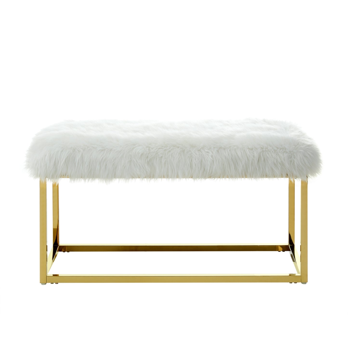 40" White And Gold Upholstered Faux Fur Bench