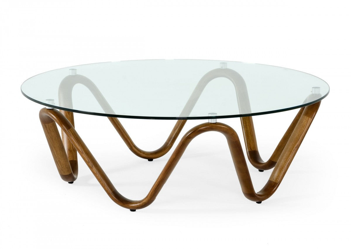 45" Walnut And Clear Glass Abstract Wood Round Coffee Table