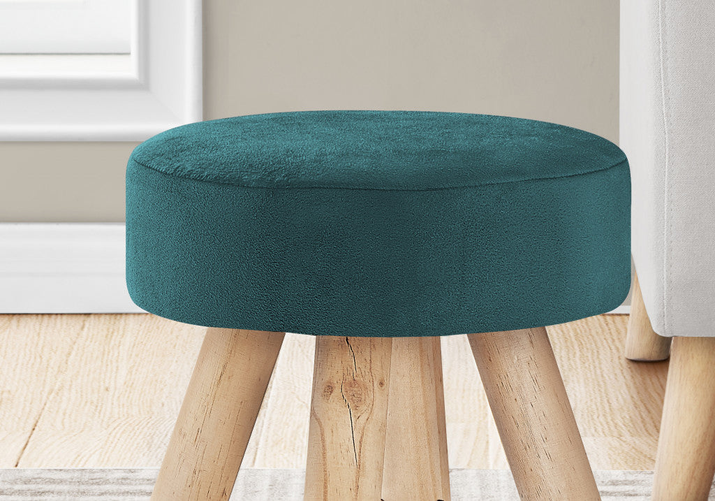 12" Teal Blue Velvet And Natural Round Ottoman