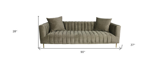 90" Gray Brown Velvet And Gold Sofa And Toss Pillows