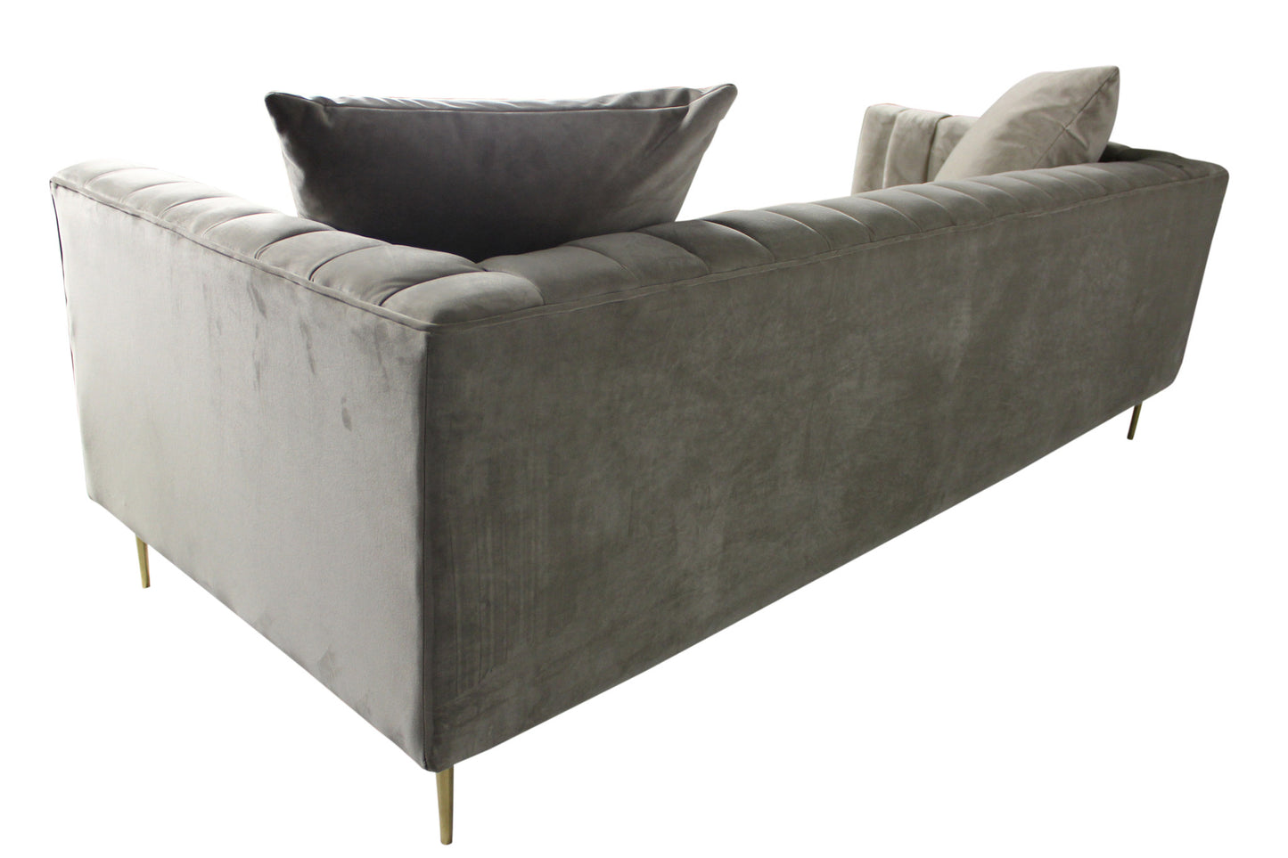 90" Gray Brown Velvet And Gold Sofa And Toss Pillows