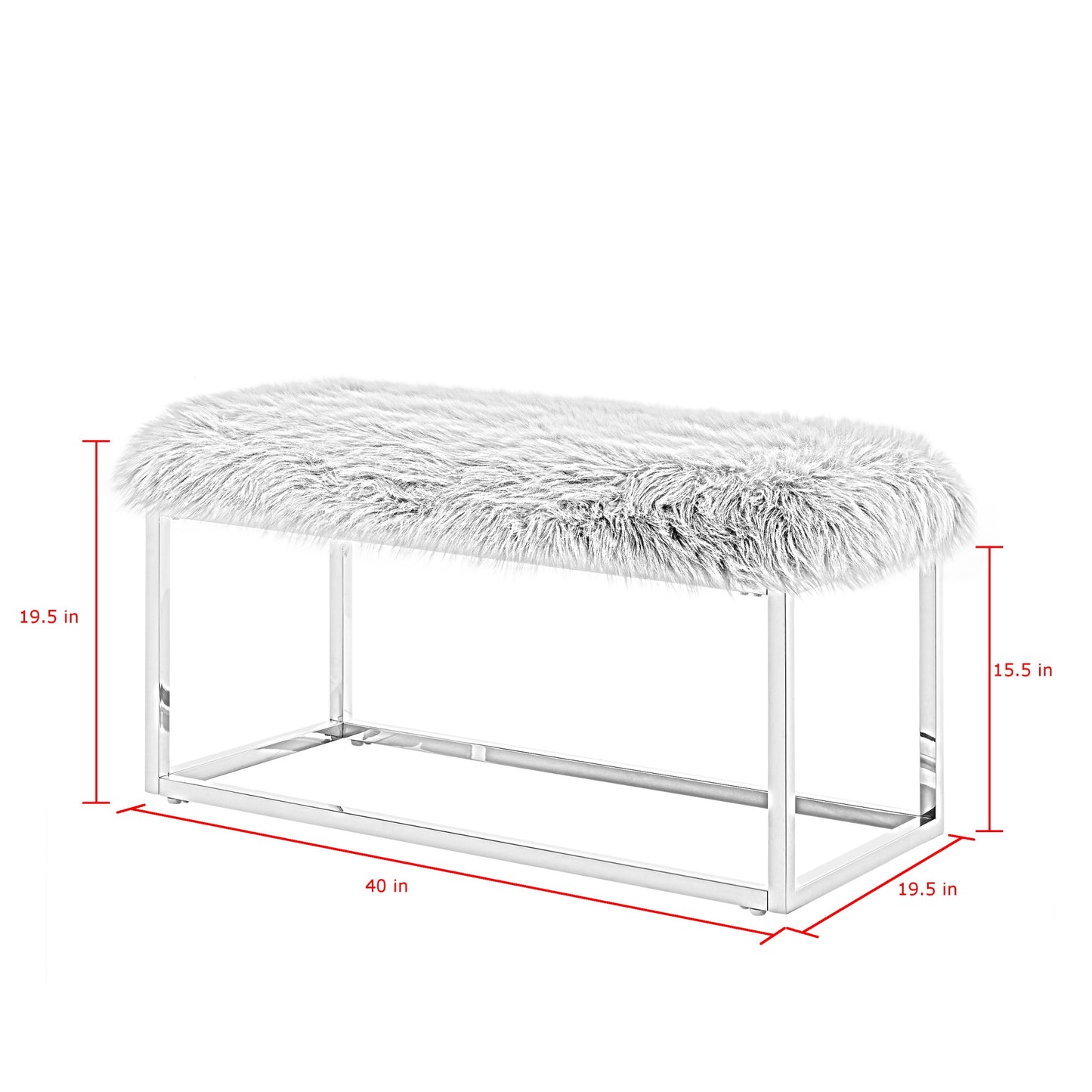 40" Gray And Silver Upholstered Faux Fur Bench