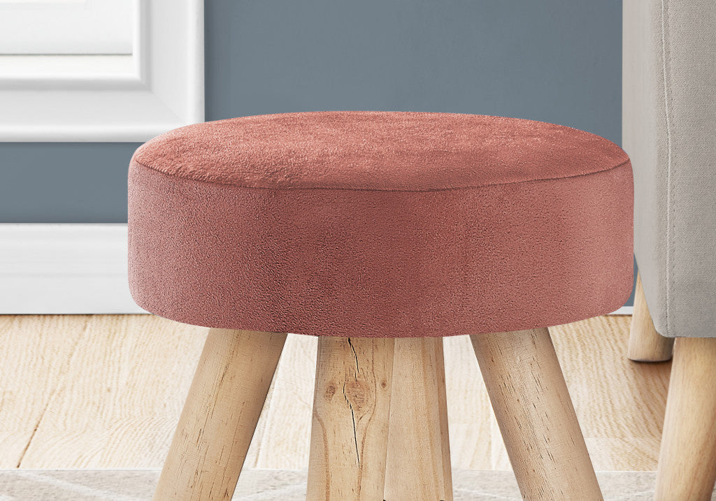 12" Pink Velvet And Natural Round Ottoman