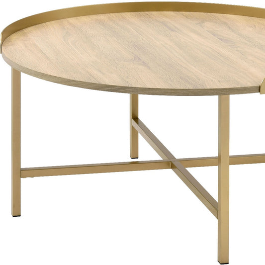 34" Gold And Oak Manufactured Wood And Metal Round Coffee Table