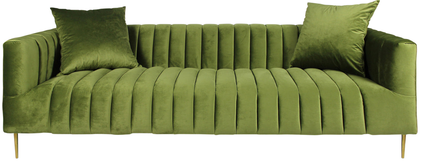 90" Moss Green Velvet And Gold Sofa With Two Toss Pillows