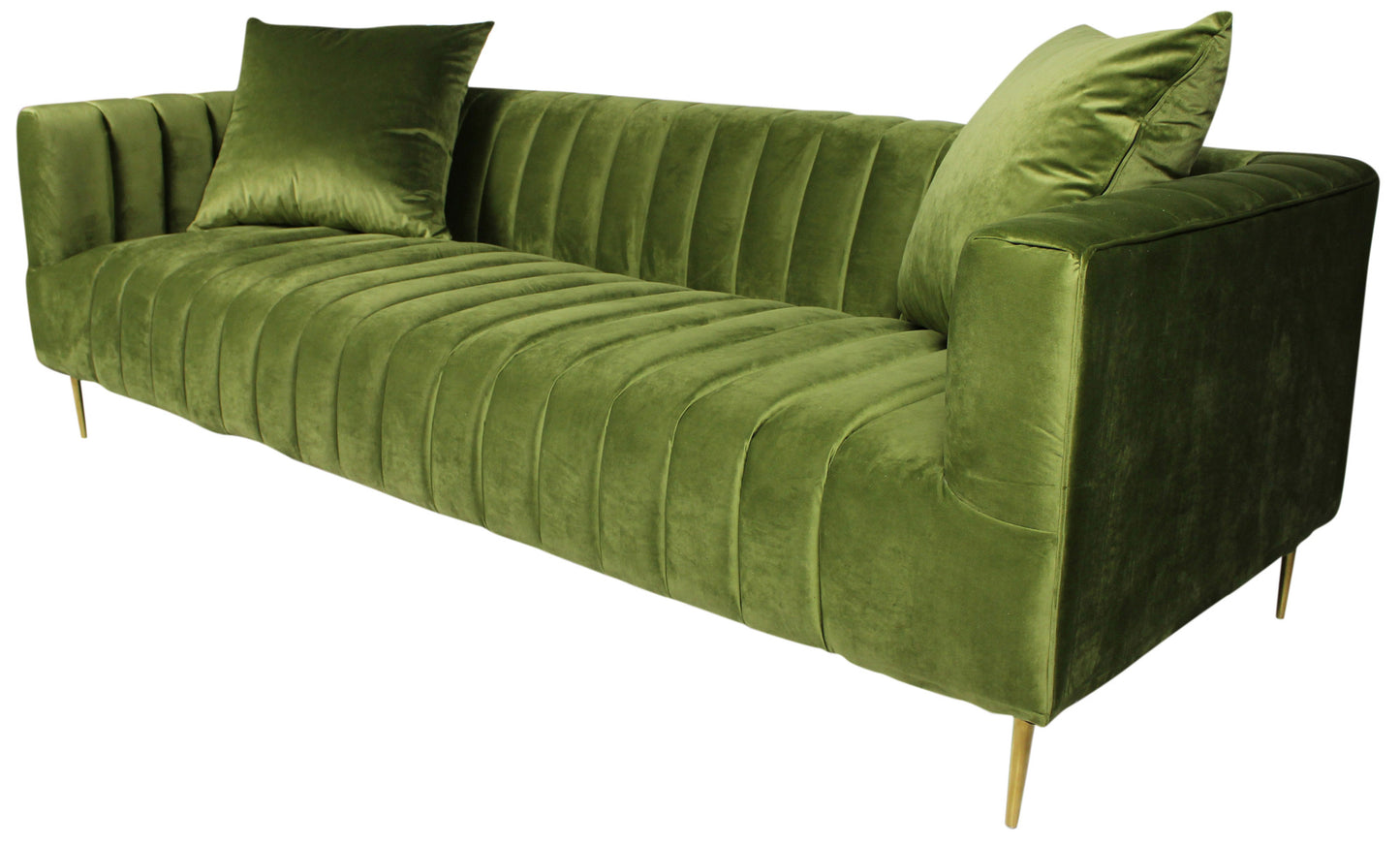 90" Moss Green Velvet And Gold Sofa With Two Toss Pillows