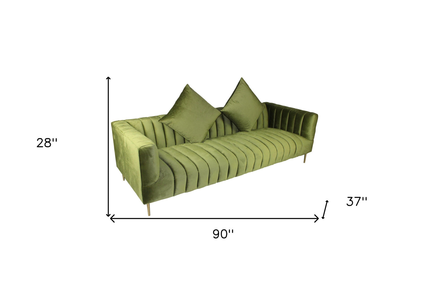 90" Moss Green Velvet And Gold Sofa With Two Toss Pillows