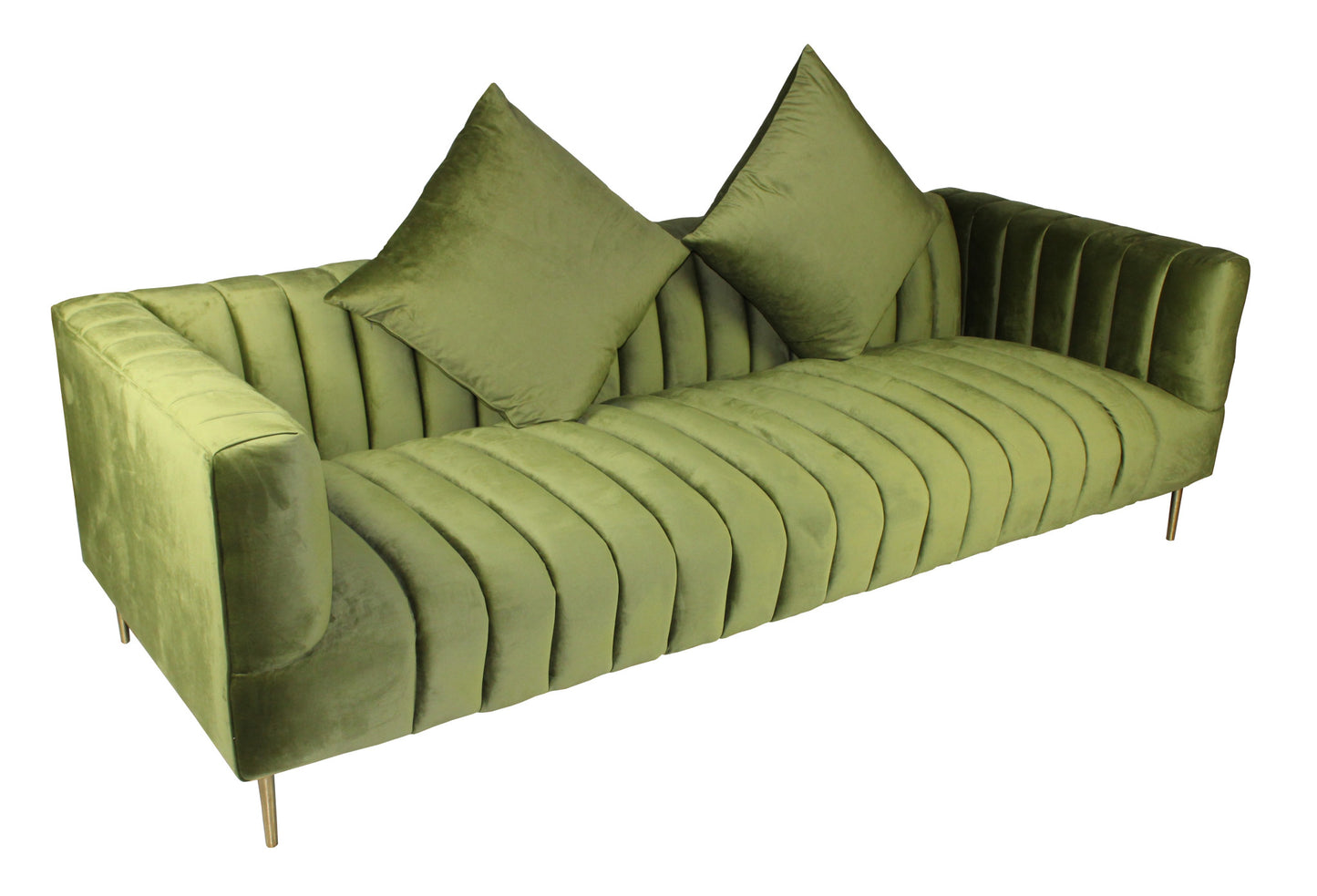 90" Moss Green Velvet And Gold Sofa With Two Toss Pillows