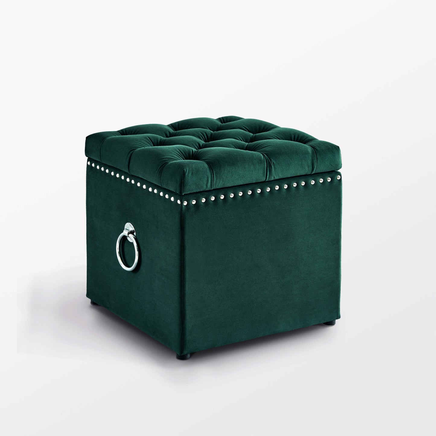 18" Hunter Green Velvet And Black Tufted Storage