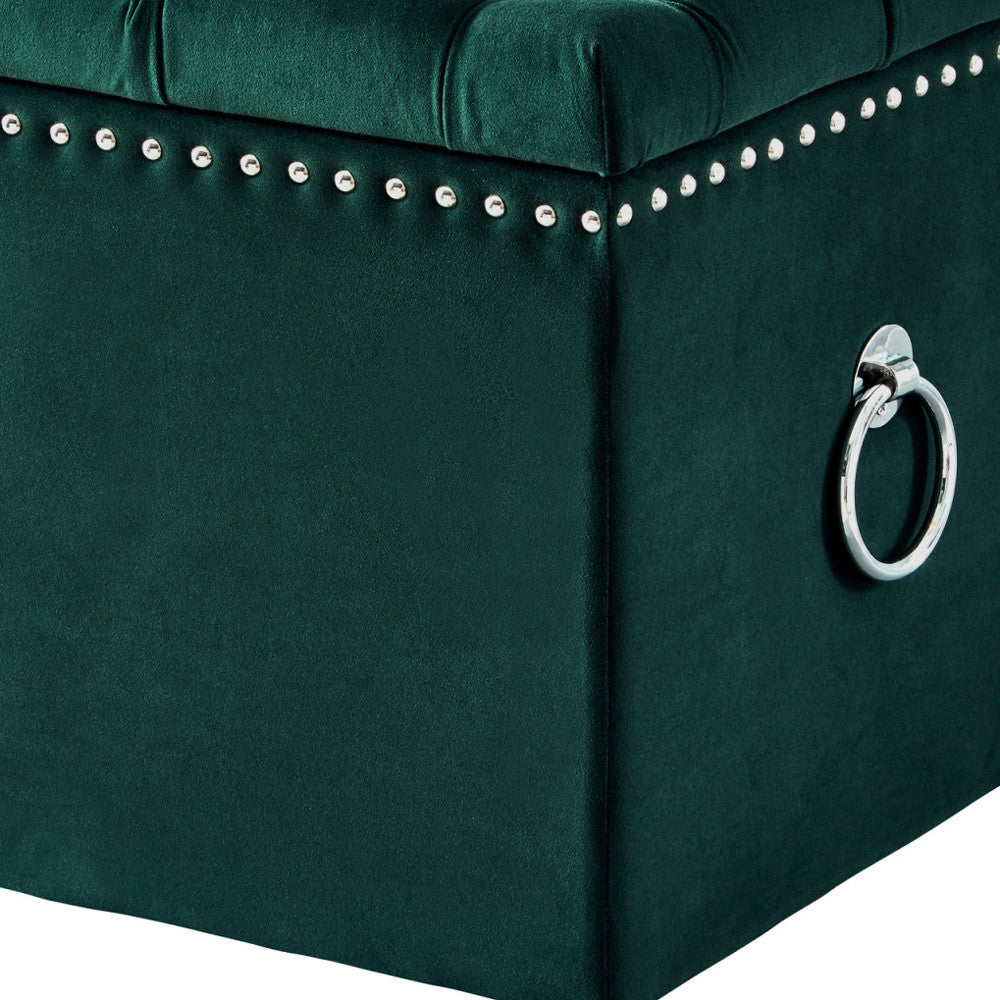 18" Hunter Green Velvet And Black Tufted Storage