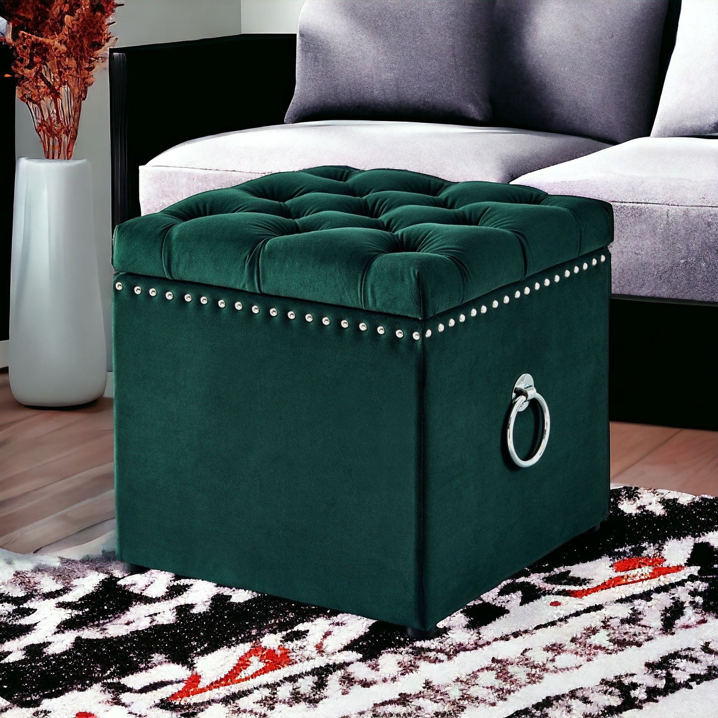 18" Hunter Green Velvet And Black Tufted Storage