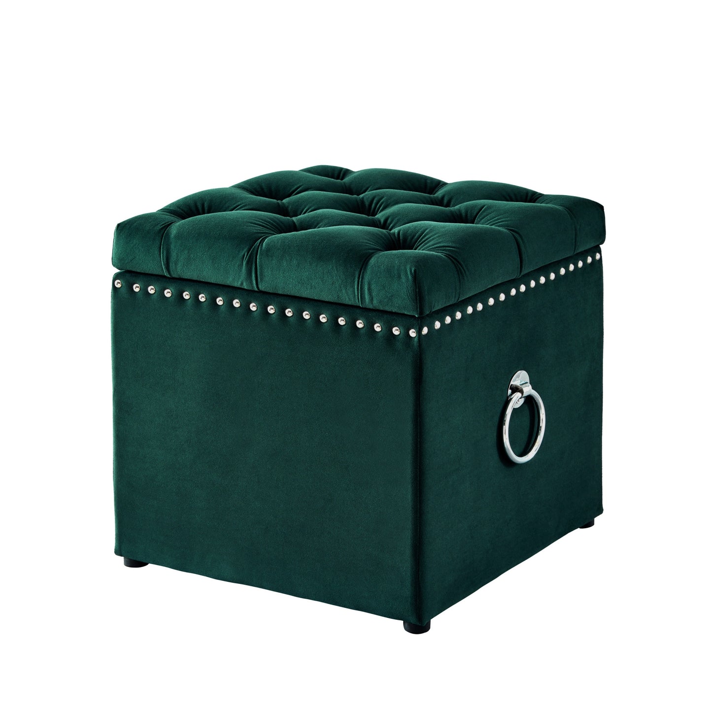 18" Hunter Green Velvet And Black Tufted Storage