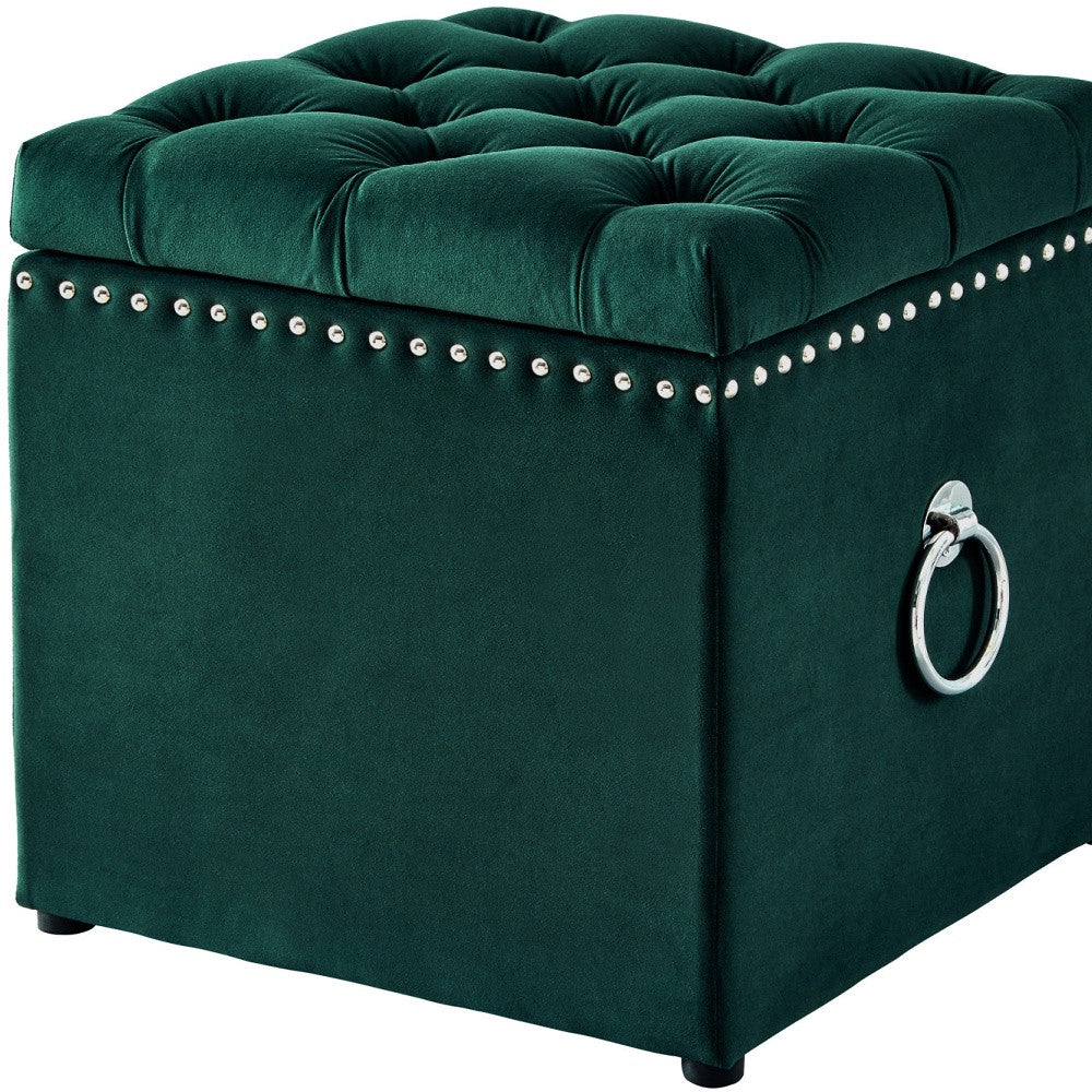 18" Hunter Green Velvet And Black Tufted Storage