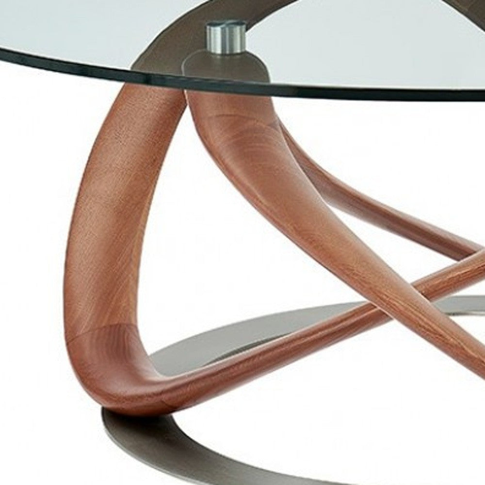 39" Walnut And Clear Glass Abstract Round Coffee Table