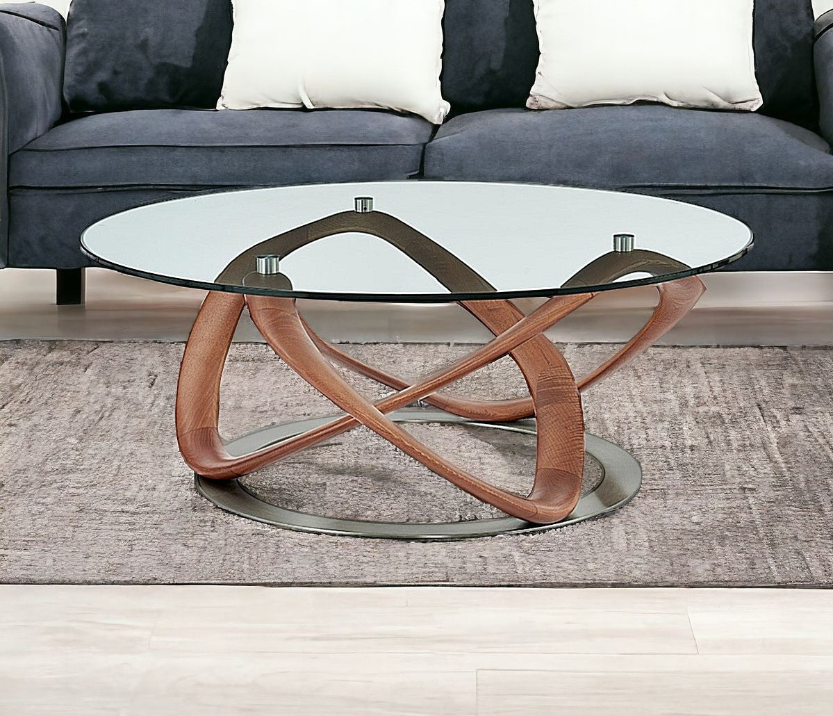 39" Walnut And Clear Glass Abstract Round Coffee Table