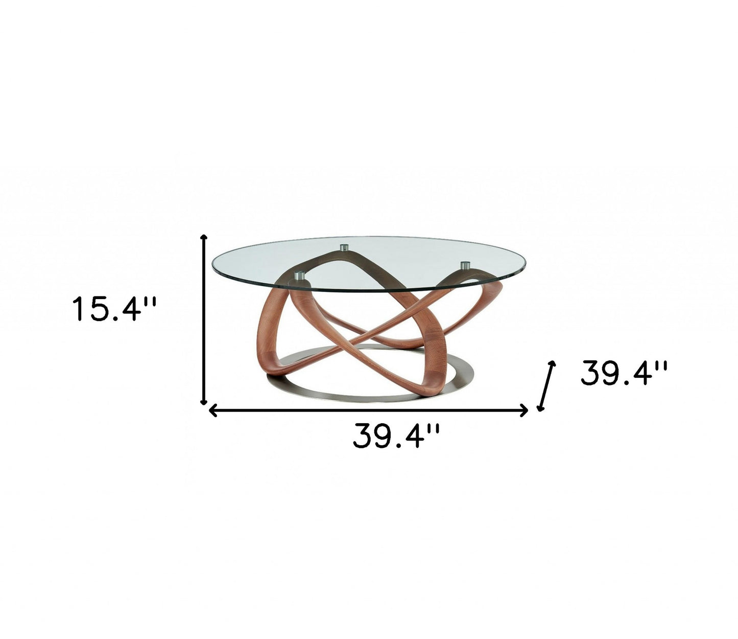 39" Walnut And Clear Glass Abstract Round Coffee Table