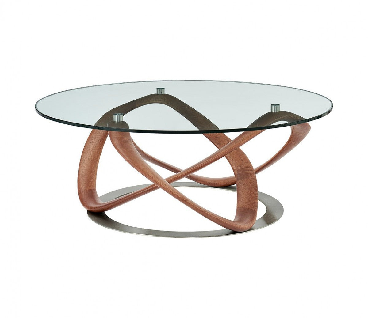 39" Walnut And Clear Glass Abstract Round Coffee Table