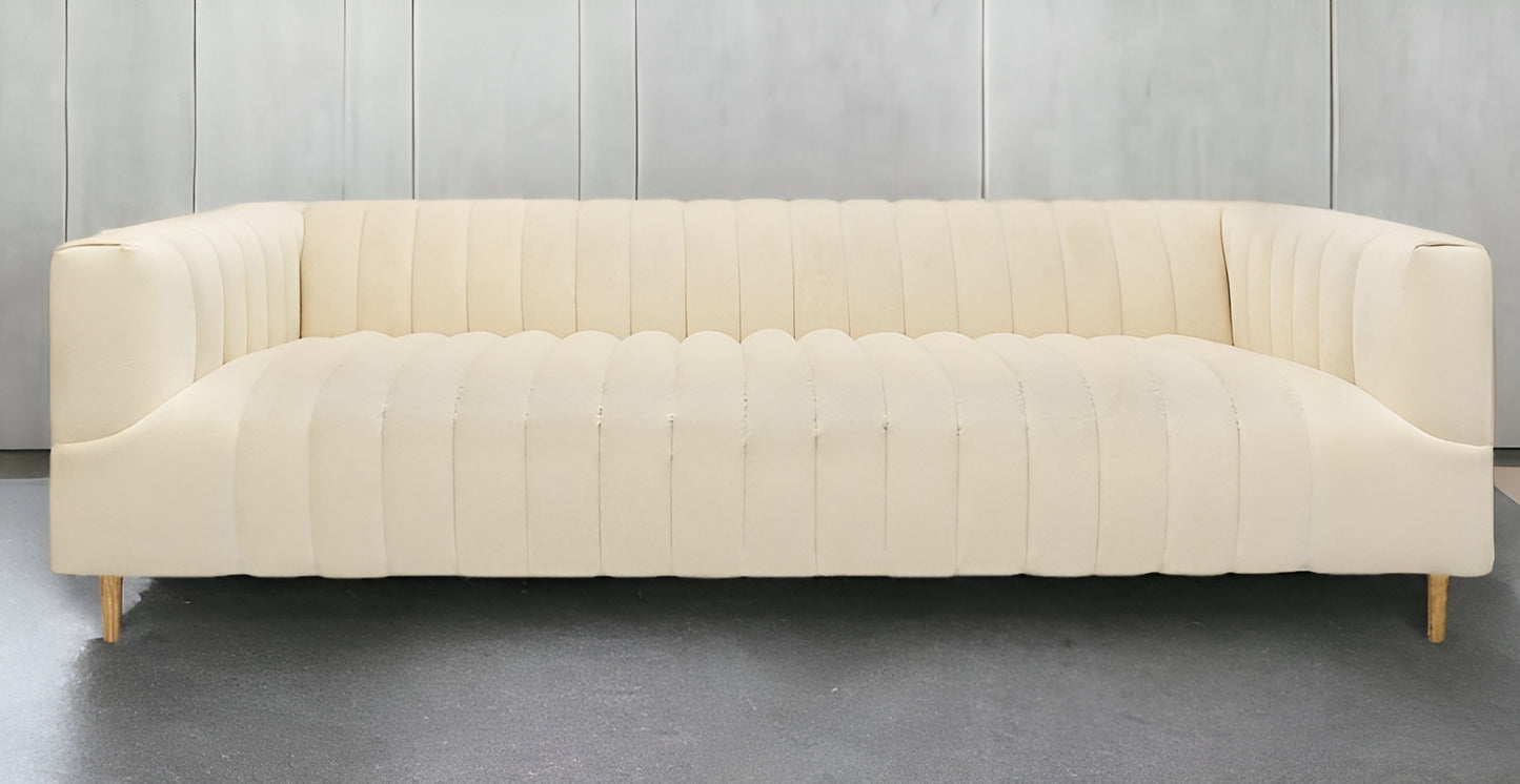 90" Ivory Channeled Velvet and Gold Sofa