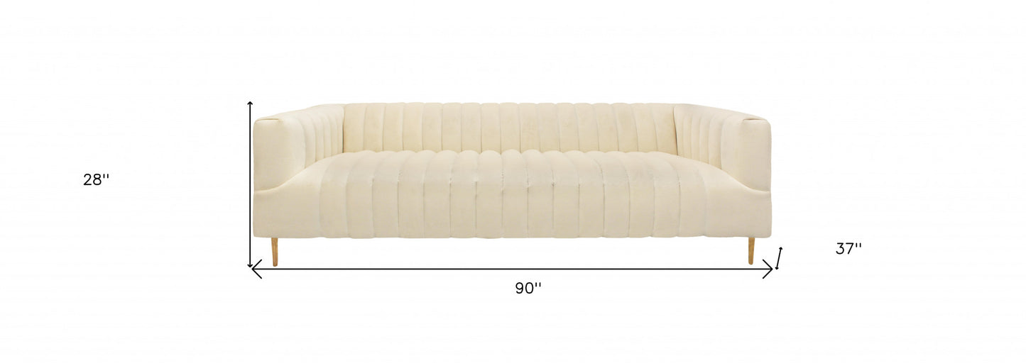 90" Ivory Channeled Velvet and Gold Sofa