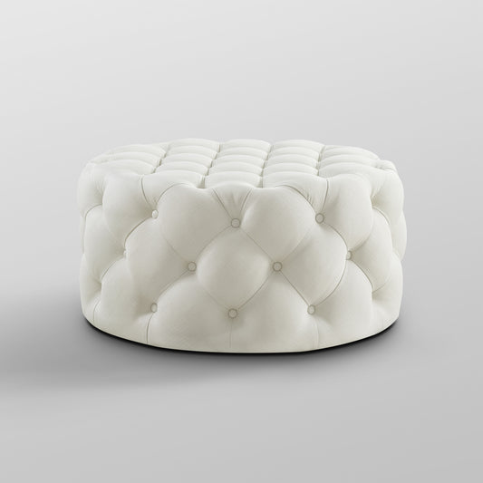 33" White Linen And Black Rolling Tufted Round Cocktail Ottoman