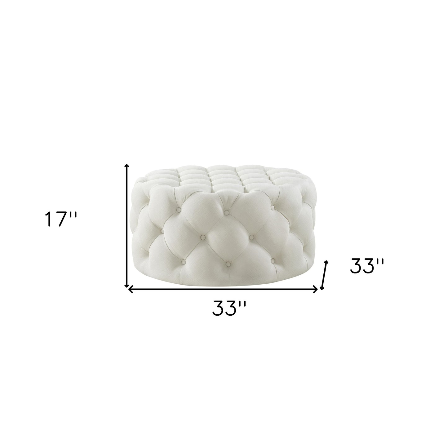 33" White Linen And Black Rolling Tufted Round Cocktail Ottoman