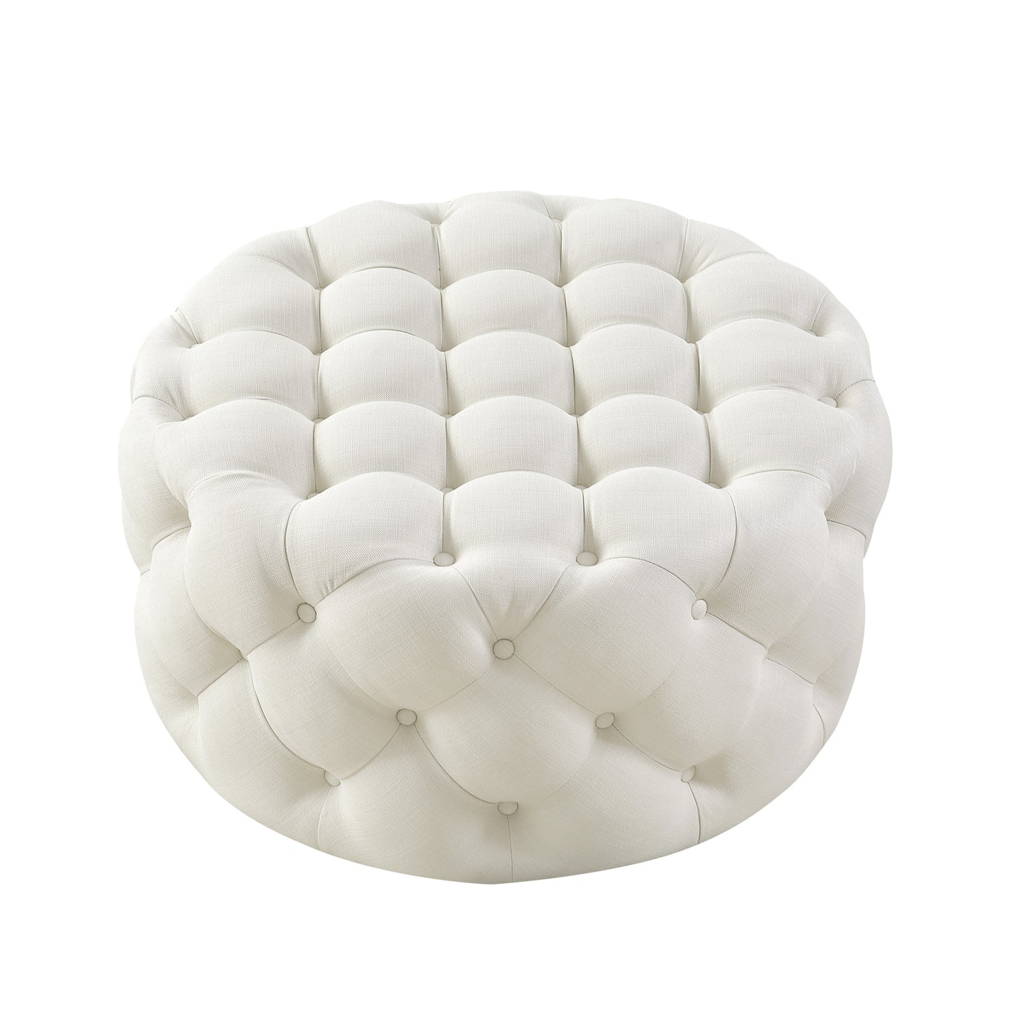 33" White Linen And Black Rolling Tufted Round Cocktail Ottoman