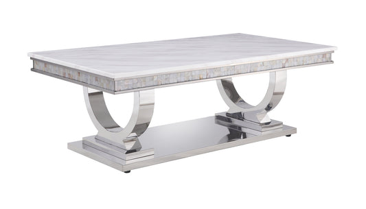 51" White And Silver Faux Marble Mirrored Coffee Table